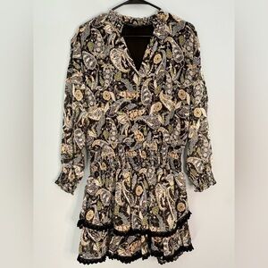 Anthropologie Central Park West Dress Paisley Black Smocked Long Sleeve Size Sm